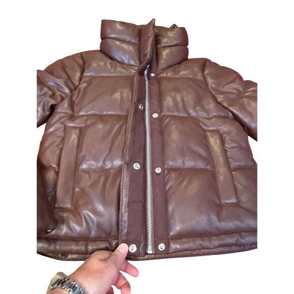 NWT Abercrombie & Fitch Chocolate Brown Faux Leather Mini Puffer Jacket Size XS - Picture 11 of 11